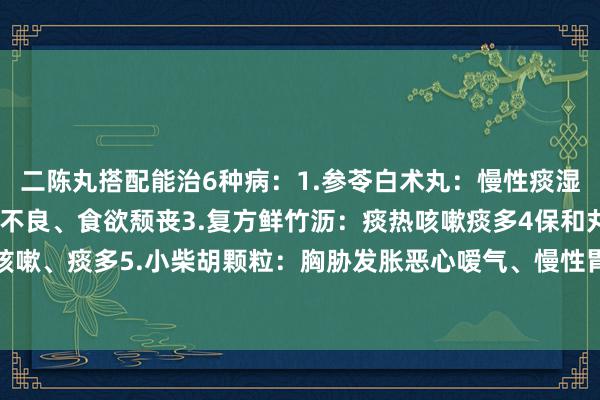 二陈丸搭配能治6种病：1.参苓白术丸：慢性痰湿型咳嗽2.平胃丸：消化不良、食欲颓丧3.复方鲜竹沥：痰热咳嗽痰多4保和丸：食积、咳嗽、痰多5.小柴胡颗粒：胸胁发胀恶心嗳气、慢性胃炎6小青龙颗粒：风寒伤风咳嗽、痰多